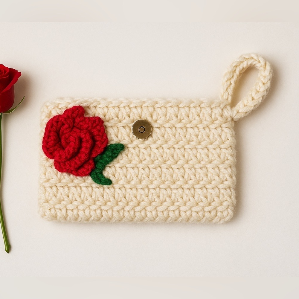 Handcrafted Cream Crochet Pouch with Red Flower